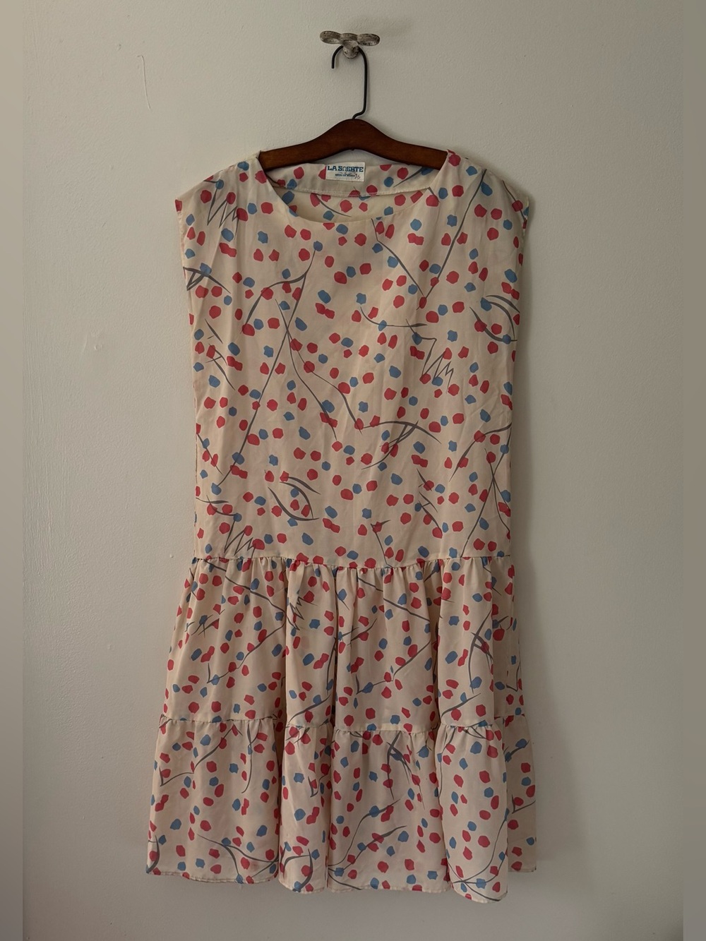 Vintage 70s does 20s Drop Waist Dress Dress with Red and Blue Spotted Print